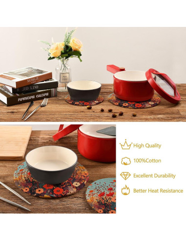 Trivetes Redondos QwThum Flores de Amapola 2 Piezas 18-24 cm