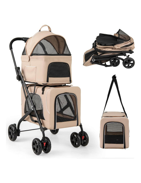 Carrito Doble para Mascotas PETSITE Plegable 3-en-1 Beige