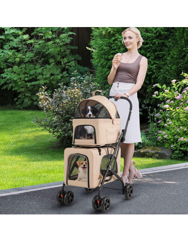 Carrito Doble para Mascotas PETSITE Plegable 3-en-1 Beige