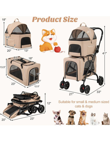 Carrito Doble para Mascotas PETSITE Plegable 3-en-1 Beige