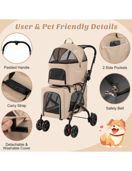 Carrito Doble para Mascotas PETSITE Plegable 3-en-1 Beige