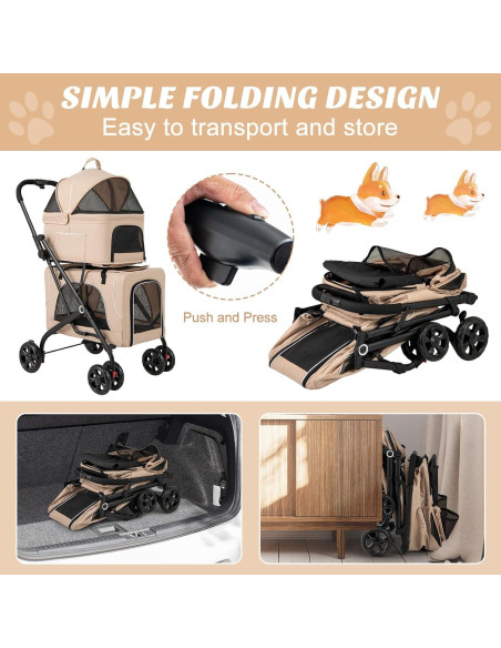 Carrito Doble para Mascotas PETSITE Plegable 3-en-1 Beige