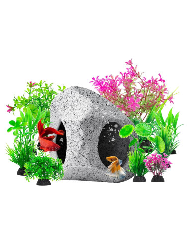 Decoración de Acuario CousDUoBe - Cueva Oculta de Roca y Plantas
