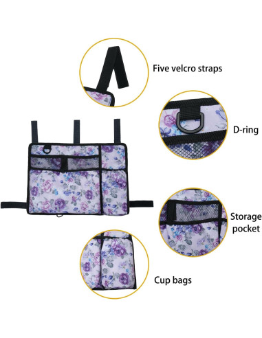 Bolsa de Accesorios para Andador Caroo con Soporte para Taza - Flor Púrpura
