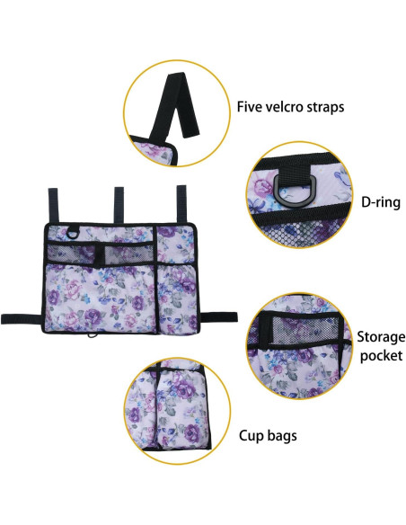 Bolsa de Accesorios para Andador Caroo con Soporte para Taza - Flor Púrpura