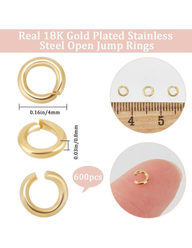 Beebeecraft Anillas Abiertas de Salto 4mm 600Pcs Baño Oro 18K