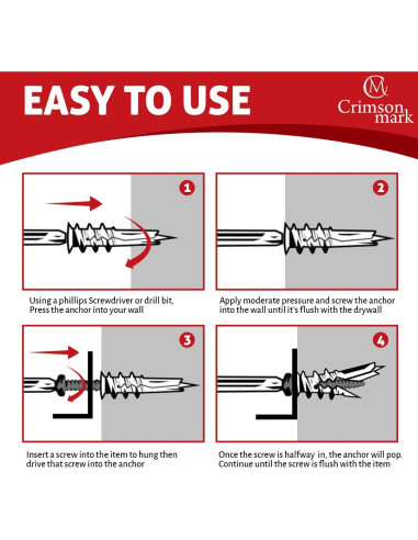 20 Anclajes y Tornillos Autoperforantes CrimsonMark para Yeso