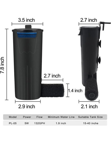 Filtro Interno PULACO para Acuario 75.71L, Silencioso y Eficiente
