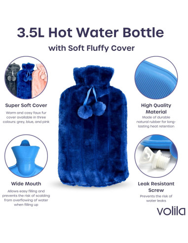 Botella de Agua Caliente 3.5L Volila con Funda Suave Azul