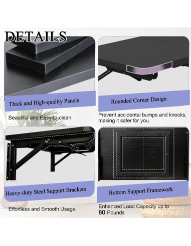 Mesa Plegable de Pared TEAMIX, Escritorio Flotante Negro 60x30 cm