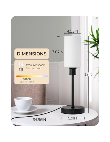 Lámpara de Mesa EDISHINE de Vidrio 40 cm con Control Táctil y USB