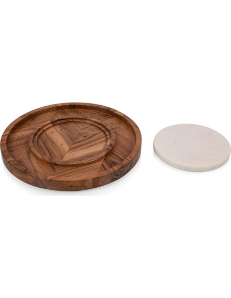 Bandeja de Servicio Redonda PICNIC TIME de Madera y Mármol 35cm