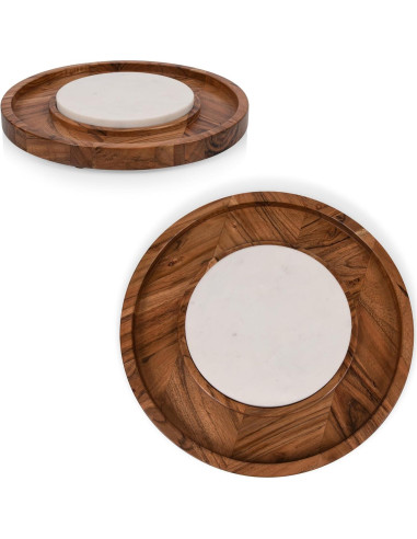 Bandeja de Servicio Redonda PICNIC TIME de Madera y Mármol 35cm