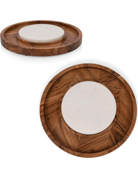 Bandeja de Servicio Redonda PICNIC TIME de Madera y Mármol 35cm
