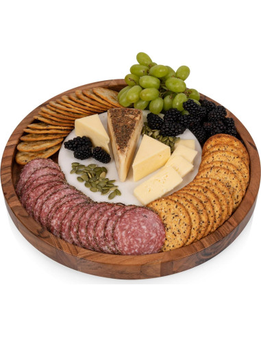 Bandeja de Servicio Redonda PICNIC TIME de Madera y Mármol 35cm