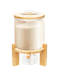 Dispensador de Arroz PROYONGOO 5L Vidrio y Madera con Taza Medidora