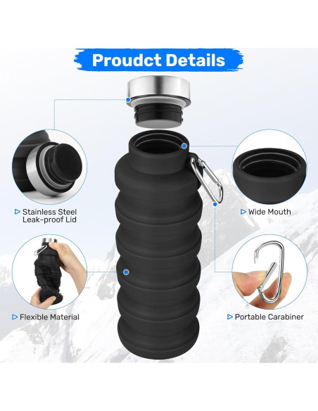 Botella de Agua Plegable Rotayi 473ml Silicona Ligera Negra Botella de Agua Plegable Rotayi 473ml Silicona Ligera Negra