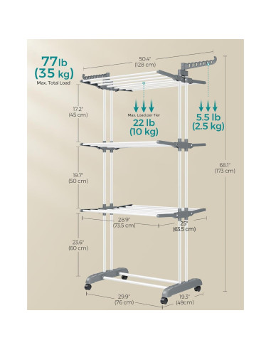 Estante Plegable para Secar Ropa SONGMICS 4 Niveles Blanco 173 cm