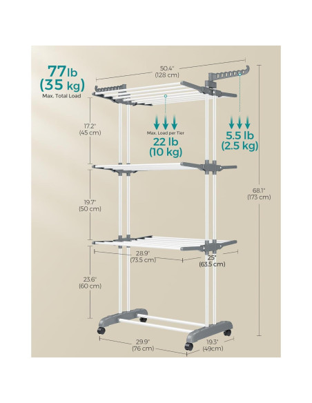 Estante Plegable para Secar Ropa SONGMICS 4 Niveles Blanco 173 cm