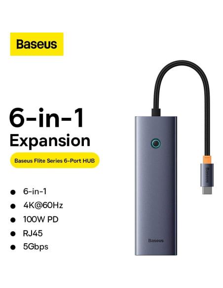 Hub Baseus UltraJoy 6 en 1 USB-C a HDMI 4K + 3xUSB 3.0