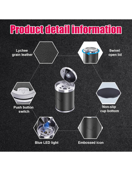 Cenicero de coche Dickno con tapa y luz LED azul, negro