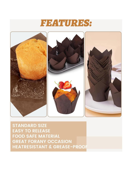 220 Forros de Cupcake Tulipanes Tikxlafe, Papel Pergamino Marrón