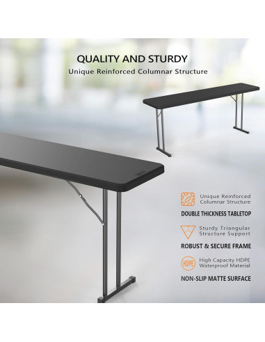 Mesa Plegable Estrecha VINGLI 179x44.5 cm Negra HDPE