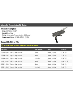 Enfriador de Aceite de Transmisión Automática Toyota Highlander 2001-2007 2
