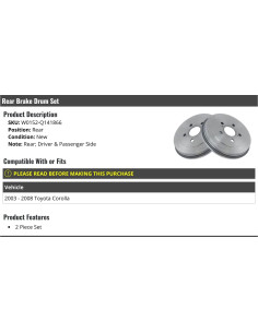 Juego de tambores de freno traseros Toyota Corolla 2003-2008 2
