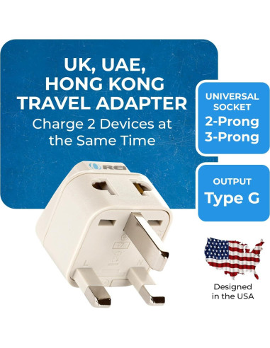 Adaptador de viaje OREI Tipo G - 2 en 1 - Paquete de 2 - Blanco