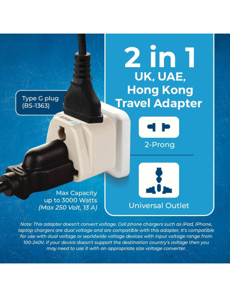 Adaptador de viaje OREI Tipo G - 2 en 1 - Paquete de 2 - Blanco