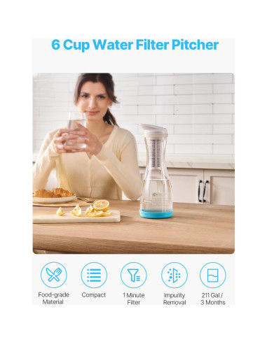 Jarra de Filtro de Agua VEVOR de Vidrio 6 Tazas Sin BPA