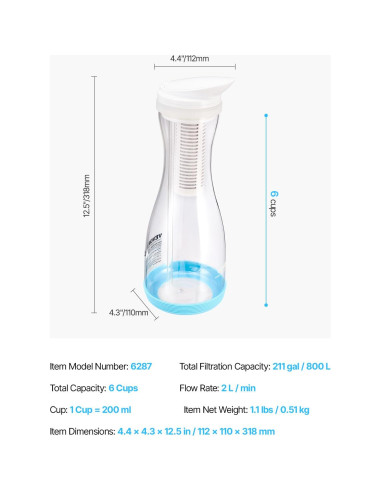 Jarra de Filtro de Agua VEVOR de Vidrio 6 Tazas Sin BPA