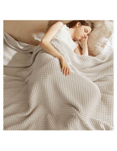 Manta Tejida Waffle Bedsure 100% Algodón Queen Beige 90x90cm