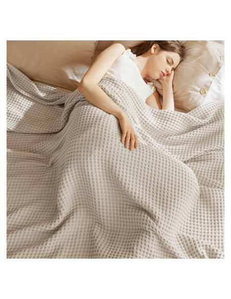 Manta Tejida Waffle Bedsure 100% Algodón Queen Beige 90x90cm