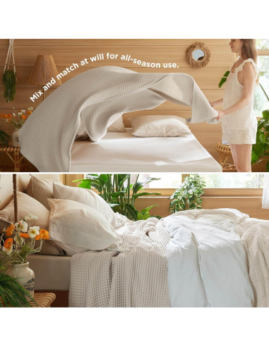 Manta Tejida Waffle Bedsure 100% Algodón Queen Beige 90x90cm