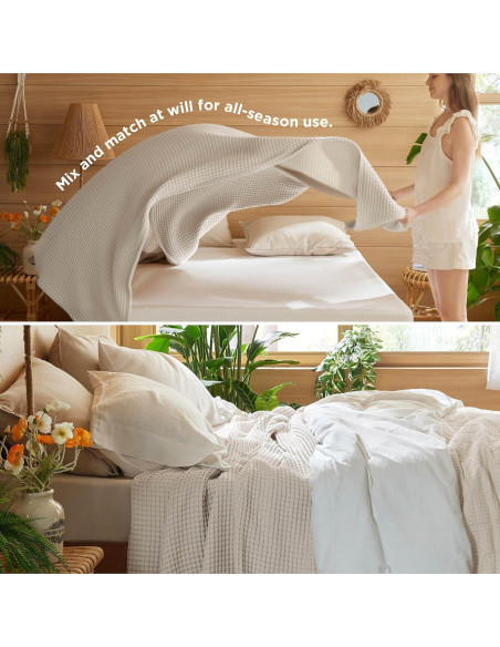 Manta Tejida Waffle Bedsure 100% Algodón Queen Beige 90x90cm