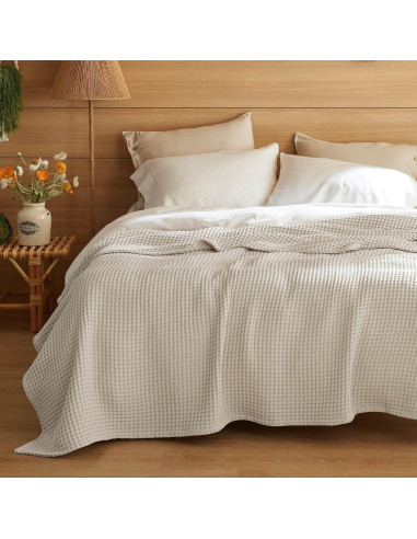 Manta Tejida Waffle Bedsure 100% Algodón Queen Beige 90x90cm