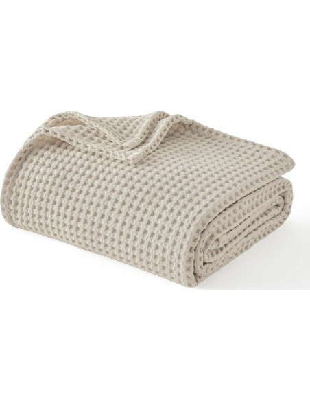 Manta Tejida Waffle Bedsure 100% Algodón Queen Beige 90x90cm
