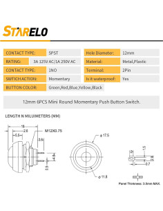 Interruptor de Botón Redondo STARELO 12mm 6PCS Negro SPST 2