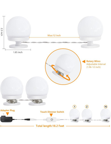 Luces de Tocador AIBOO 16 Bombillas LED Regulables para Maquillaje