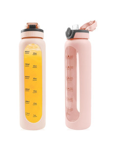 Botella de Agua de Vidrio Yenergy 1L con Manga Silicona Rosa