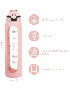 Botella de Agua de Vidrio Yenergy 1L con Manga Silicona Rosa 2