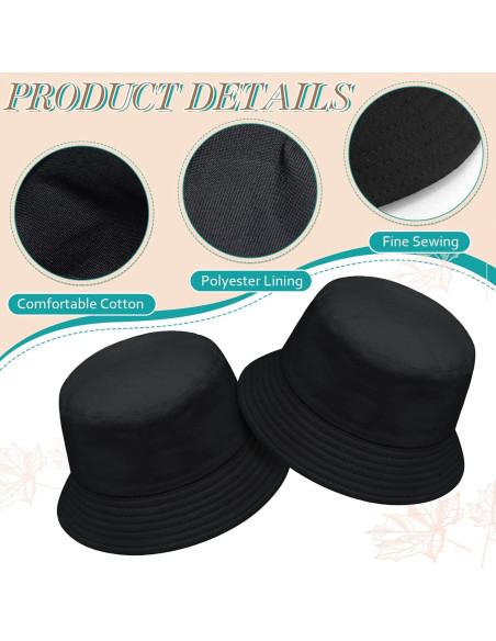 16 Sombreros de Cubo Plegables Unisex de Algodón Negro
