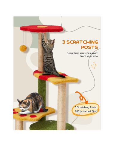 Árbol de Gato BUPPLEE 94cm con 3 Postes de Rascado y Perchero