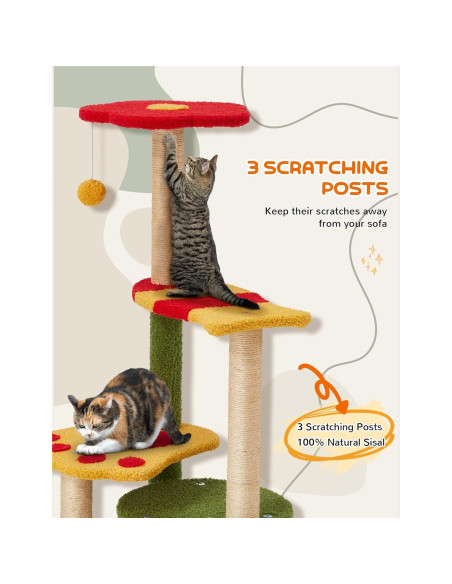 Árbol de Gato BUPPLEE 94cm con 3 Postes de Rascado y Perchero