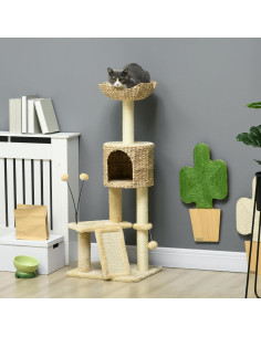 Árbol para Gatos PawHut 116 cm con Rascador y Cama Beige 2