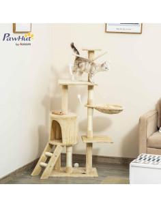 Torre Rascador para Gatos PawHut 135 cm Beige con Actividades 2