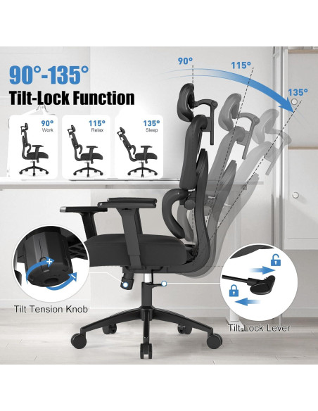 Silla de Oficina Ergonómica ZZH 8006BK con Soporte Lumbar Ajustable