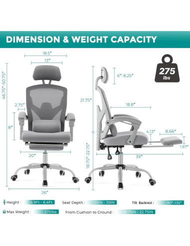 Silla de Oficina DUMOS con Reposapiés Ergonométrica Gris